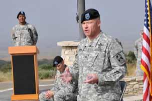Outgoing commander, CPT Orlando Cobos, speaks to the crowd at the Ronald Reagan Missile Defense site at Vandenberg Air Force Base during the 100th Missile Defense Brigade (Ground-based Midcourse