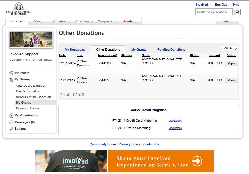 My Donation History Once you use the system for more than a year, you can view donation details from prior years using the drop down menu.