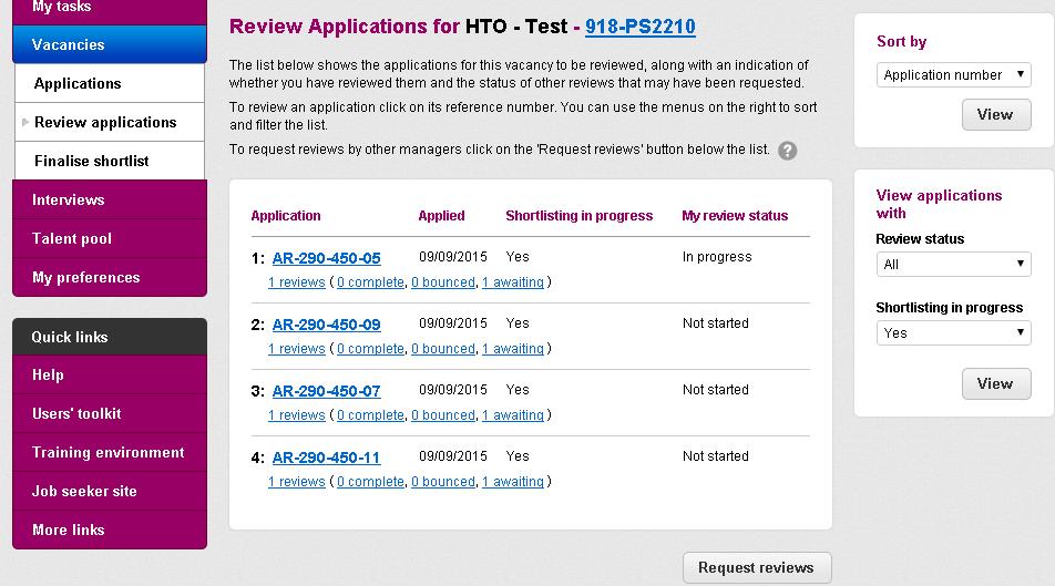 To Review applications Click on the review applications tab, then click the blue application link.