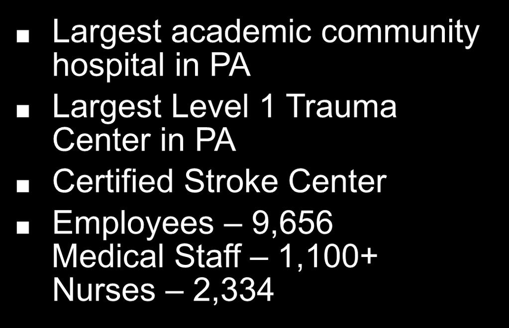 Who We Are Largest academic community hospital in PA Largest Level 1