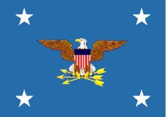 This flag is medium blue, 4 feet 4 inches by 5 feet 6 inches. A five-pointed white star is in each of the four corners.