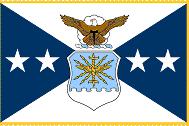 The flag is white, 4 feet 4 inches by 5 feet 6 inches. The center of the flag displays the Air Force Coat of Arms. A five-pointed blue star is in each of the four corners.