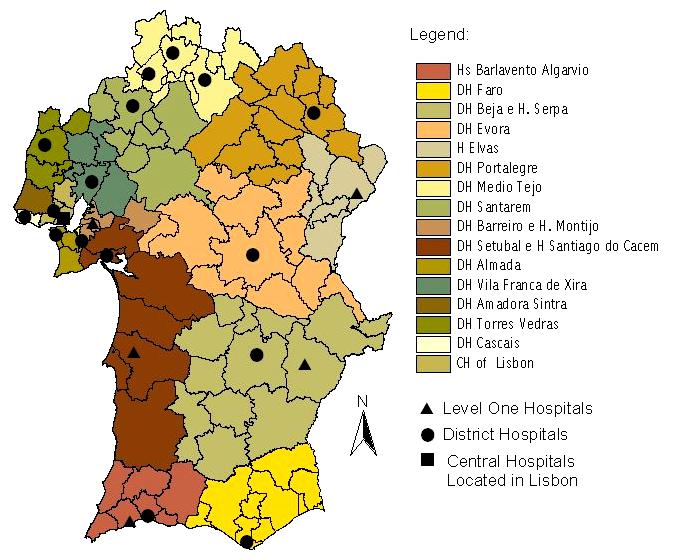 Figure 3: Current distribution of the hospitals in the South of Portugal. Figure 4: Percentages used in the estimation of the needs for the inpatient care.