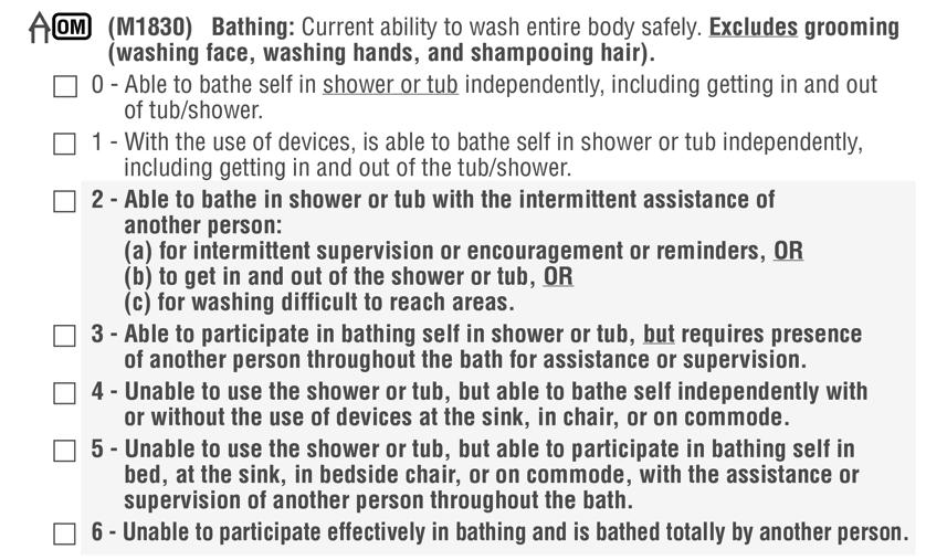 July 2013 Q&A #14 M1830 Bathing 41 Q: Are wound dressings included as an upper or lower body dressing task for M1810/1820? A: Wound dressings are NOT one of the included dressing items.