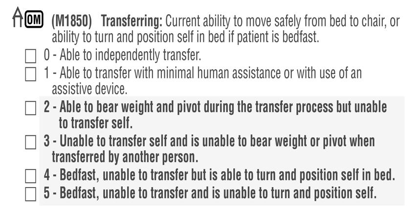 M1850 Transferring M1850 Transferring Timepoints SOC/ROC/FU/Discharge Identifies the patient s ability to safely transfer from bed to chair (and chair to bed), or position self in bed if bedfast.