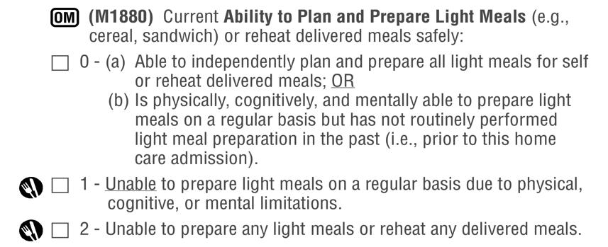 M1880 Current Ability to Plan and Prepare Light Meals M1880 Current Ability to Plan and Prepare Light Meals Timepoints SOC/ROC/Discharge Response 0 Patient has the consistent physical and cognitive