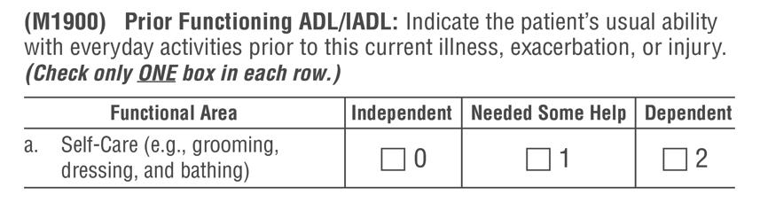 M1900 Prior Functioning ADL/IADL M1900 Prior Functioning ADL/IADL Independent Can complete the activity by him/herself n with or without assistive devices n without physical or verbal assistance from