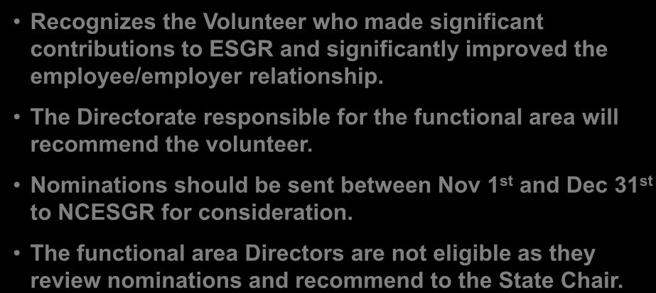 Functional Area Volunteer of the Year Award Recognizes the Volunteer who made significant contributions to ESGR