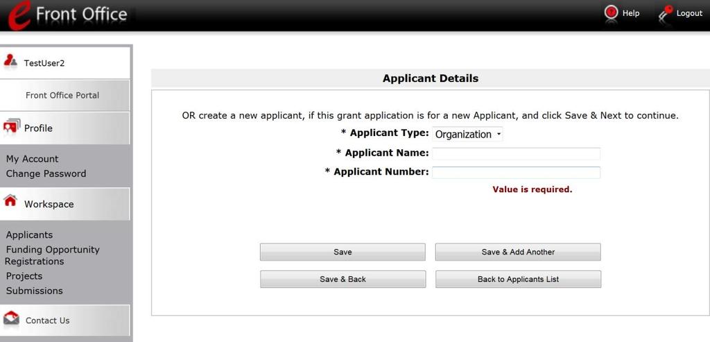 Enter the Project Applicant's legal name. 3. Enter the Applicant Number.