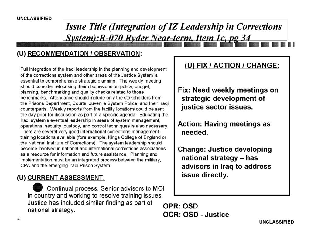 Issue Title (Integration ofiz Leadership in Corrections - - _ 11 Full integration of the Iraqi leadership in the planning and development of the corrections system and other areas of the Justice