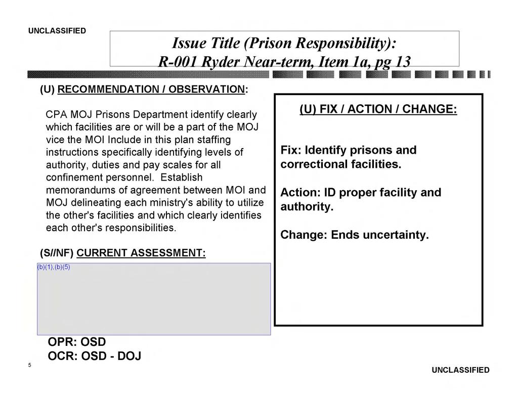 Issue Title (Prison Responsibility): 11 CPA MOJ Prisons Department identify clearly {U) FIX I ACTION I CHANGE: which facilities are or will be a part of the MOJ vice the MOl Include in this plan
