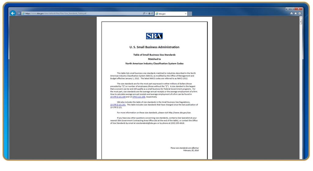 SMALL BUSINESS ADMINISTRATION (SBA) TABLE OF SMALL BUSINESS SIZE STANDARDS