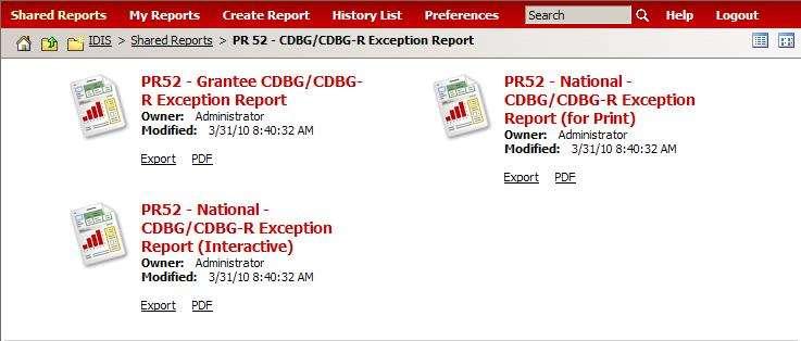 10.48 PR 52 CDBG/CDBG-R Exception Report Folder Content Reports PR 52 Grantee CDBG/CDBG-R Exception Report Document Report (Refer to Section 5 for type of reports).