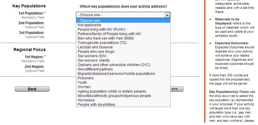 Quick guide to online submission Step 1 of 4: Completing the programme activity body Select which key populations are