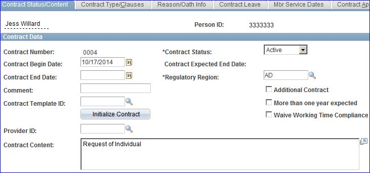5 The Contract Type/Clause tab will display. The contract number you entered on the previous screen will display.