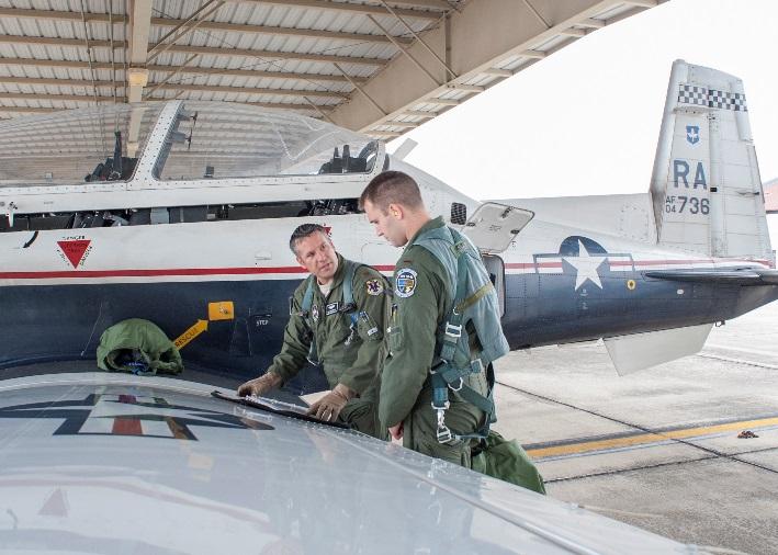Todd Salzwedel (left), 559th Flying Training Squadron director of staff, demonstrates final check procedures to a 558th Flying Training Squadron remotely piloted aircraft