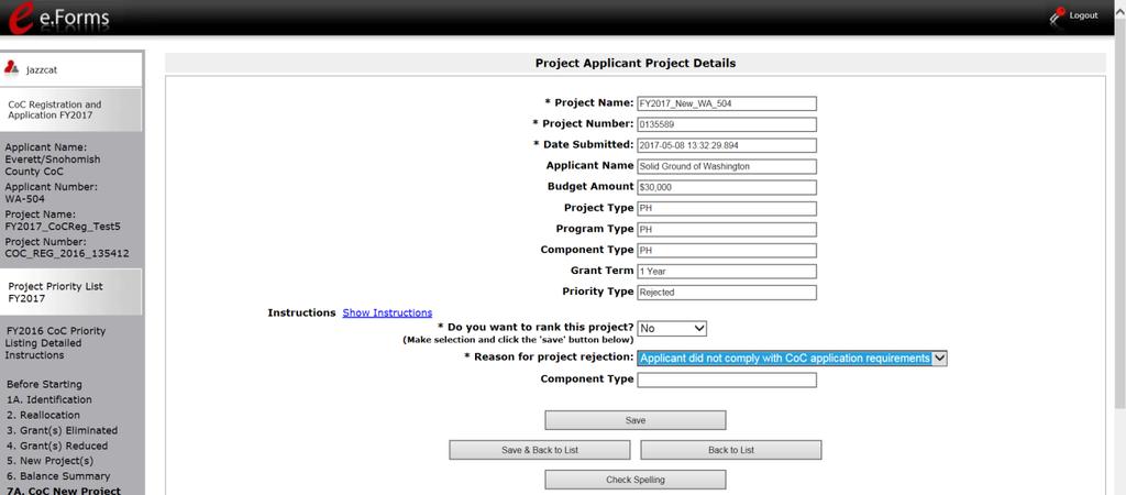 The following image shows the "Project Applicant Project Details" screen. It provides basic information on the Project Application that you selected for review.