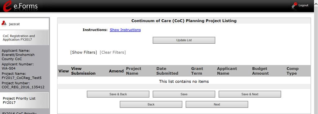 7C. UFA Costs Project Listing - only visible for those Collaborative Applicants with UFA designation Screen "7C.