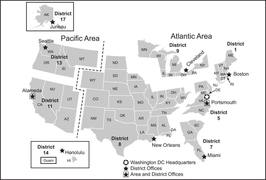 Figure 4. USCG Districts (1) USCG bases span the US, and a major disaster response likely will involve the USCG. The USCG does not require a declaration of the Robert T.