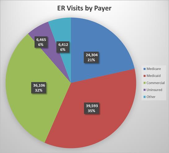 Individuals covered through Medicaid represent the largest percentage of all ER visits, 35