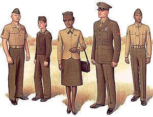 For routine office activities, Marines wear service uniforms that are olive