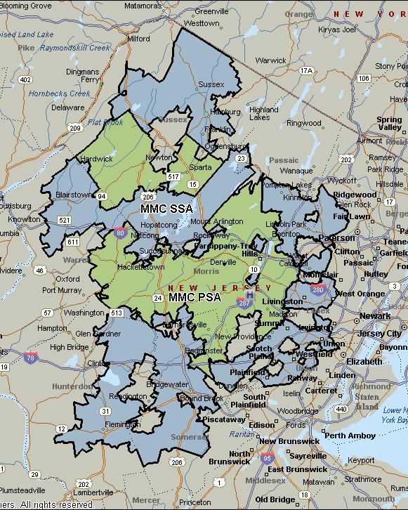 Map 2. Service Area of Morristown Medical Center 1 sampling frame represented 71 zip codes within the New Jersey counties of Morris, Warren, Sussex, Somerset, Essex, Union, Passaic, and Hunterdon.