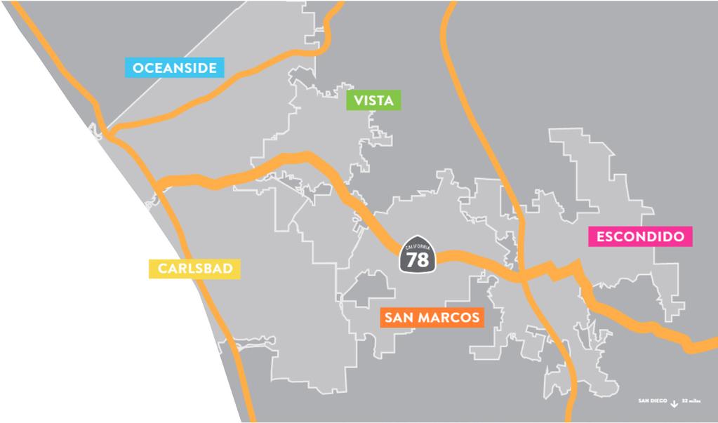 introduction The 78 Corridor includes the cities of Carlsbad, Escondido, Oceanside, San Marcos, and Vista.