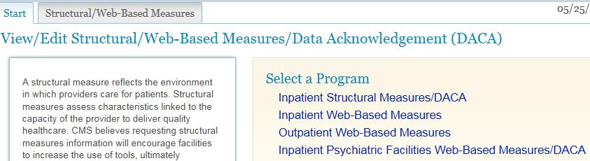 3. On the next screen you may have the option to choose from several quality reporting programs, depending on user access settings. Select Inpatient Psychiatric Facilities Web-Based Measures/DACA 4.