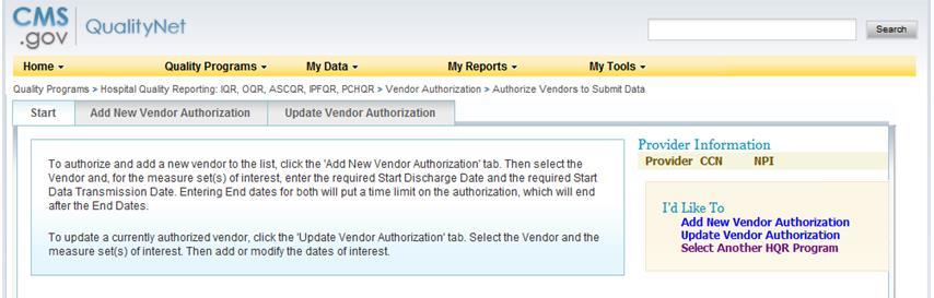 3. Select the IPF Vendor Authorization role from the drop-down box and click Submit. The Authorize Vendor to Submit screen appears. 4.