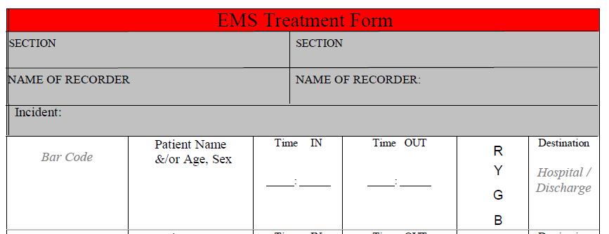 Treatment Area Documentation EMS Treatment Form (A): As triaged patients are extricated from the field and arrive at the Treatment Area, using the EMS Treatment Form (provided by EMS Site Command);