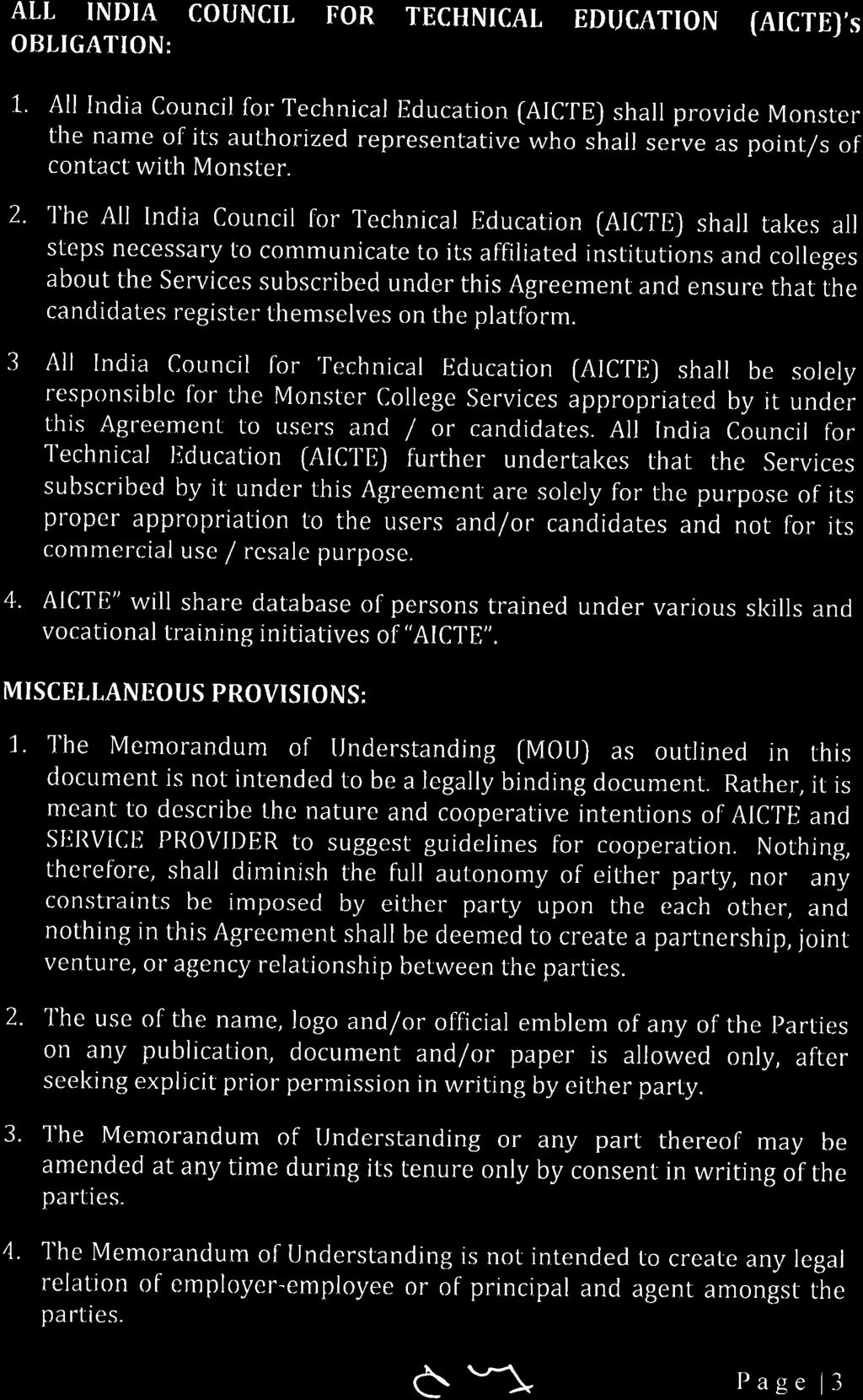 ALL INDIA COUNCIL OBLIGATION: FOR TECHNICAL EDTJCATION [AICTE)'s 1 All India council for Technical Ilducation (AIC' EJ shall provide Monster the name of its authorized representative who shall serve