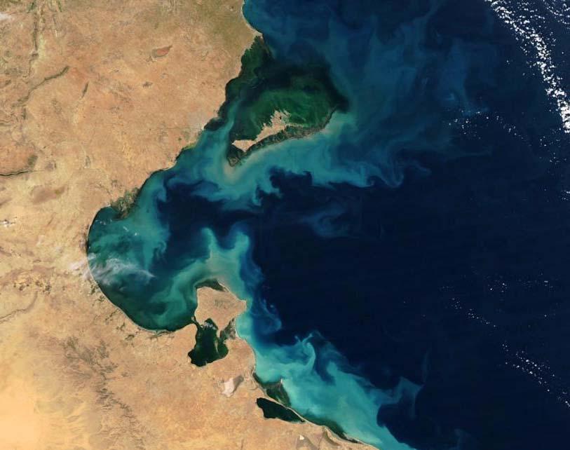 NASA comment of January 2012 : Sediments and phytoplankton micro particles are the cause of the green and turquoise waters in this part of the