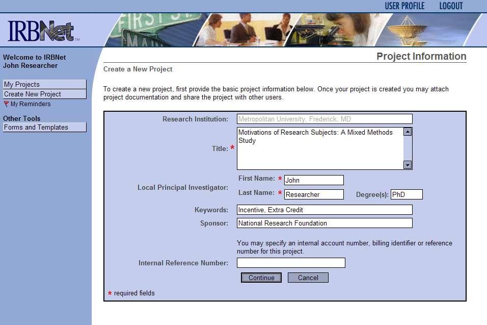 Create your New Project Provide basic information about