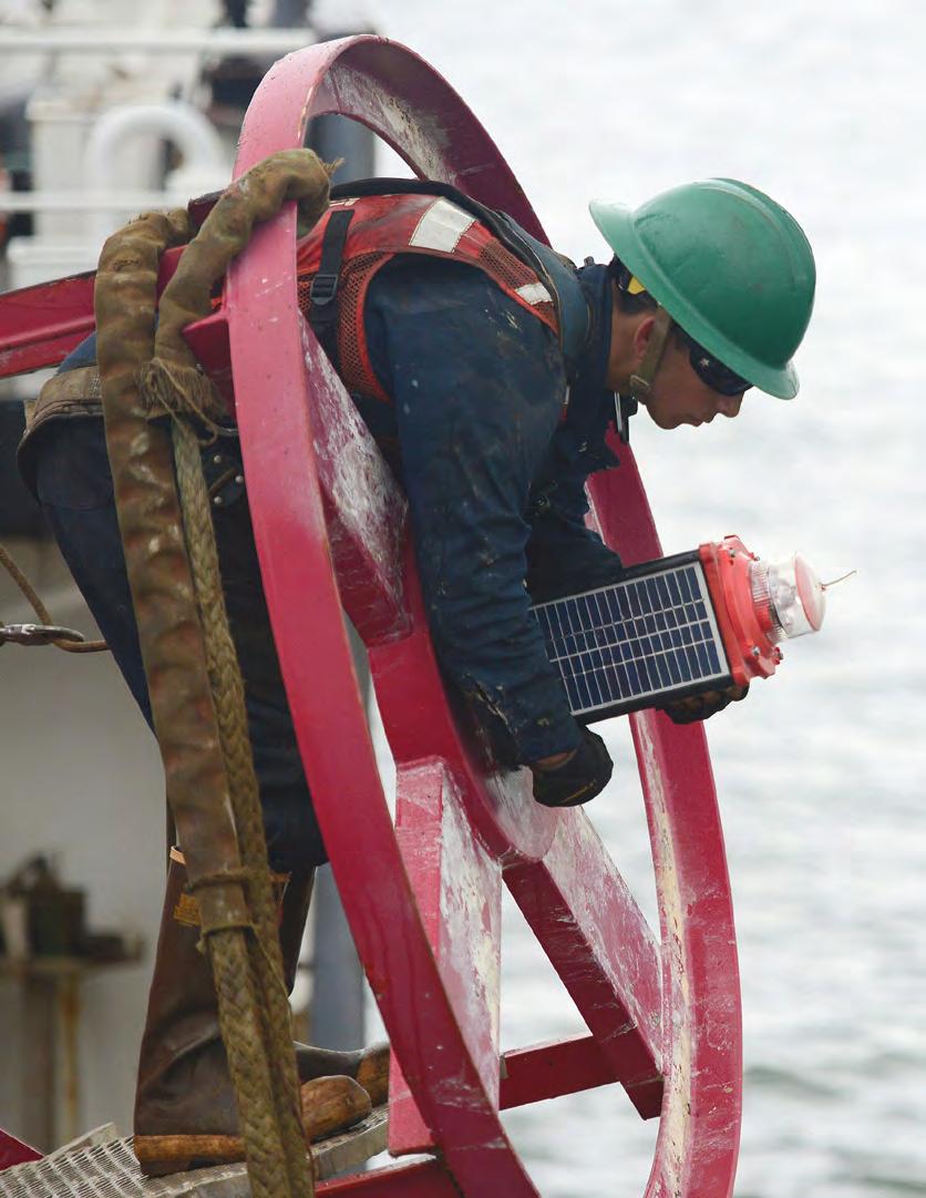 A crewmember aboard the Coast Guard Cutter FIR, a 225-foot seagoing buoy tender homeported in