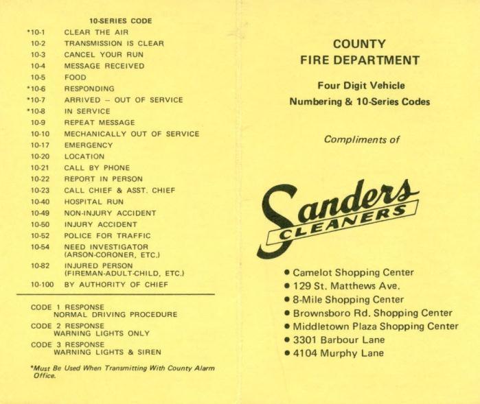 County Fire Apparatus Numbering System October 1, 1975: The new apparatus numbering system went into use on October 1, 1975, adopted immediately by all districts except Lyndon, Fairdale,