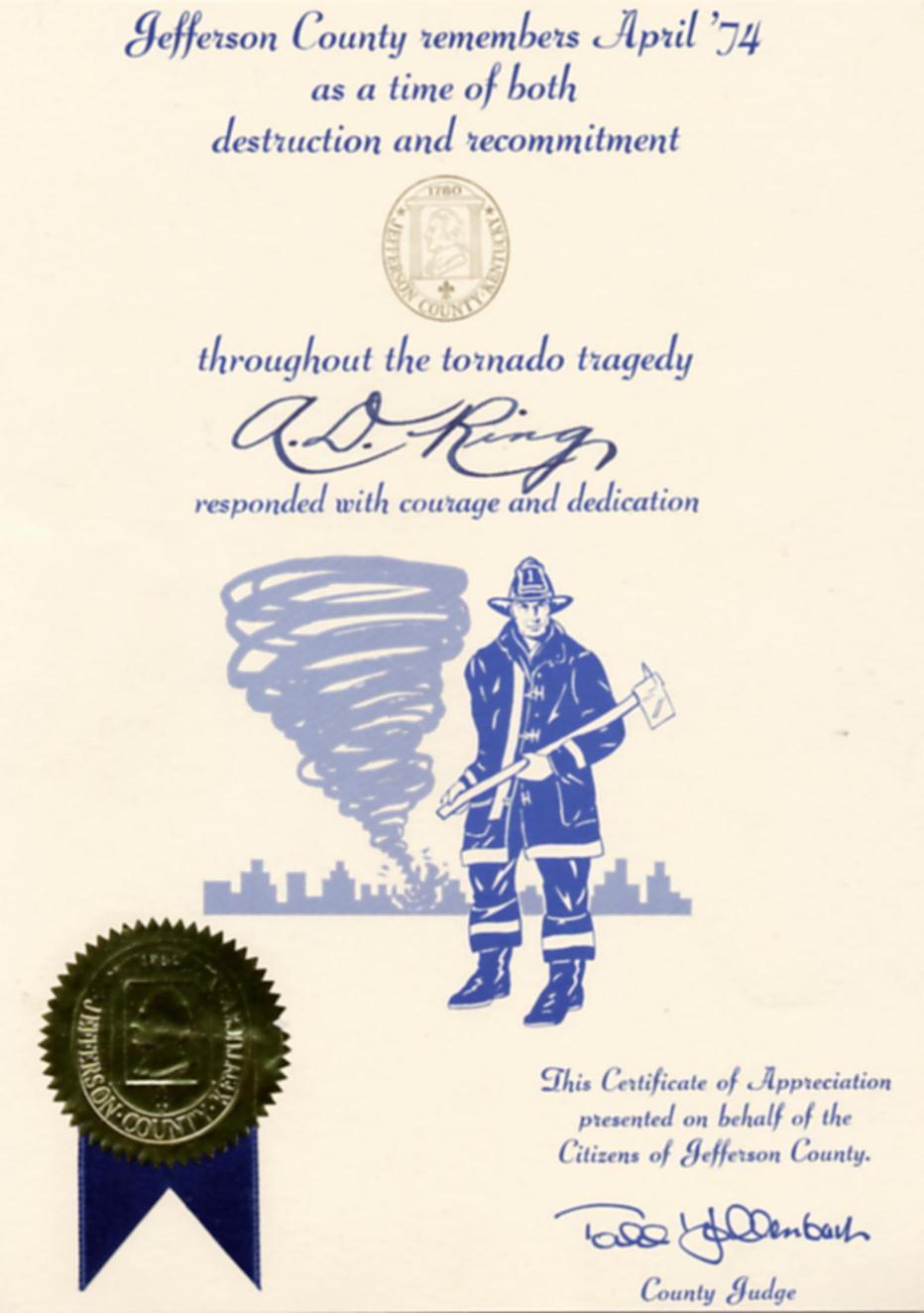 April, 1974 Each firefighter that participated in the Tornado Operation