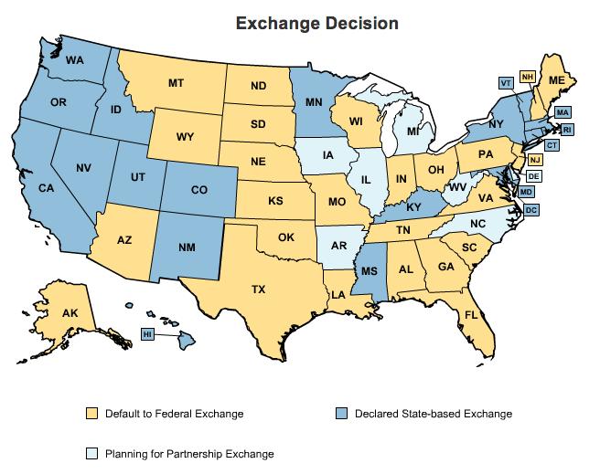 The following map shows which States have chosen to default to the federal health insurance exchange: DELAY IN EMPLOYER MANDATE On July 2, 2013 the Department of Treasury announced that it would
