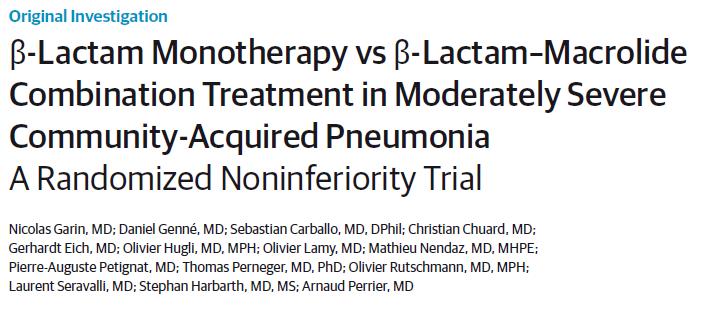 Non-inferiority trial 580 adults hospitalised with CAP Beta-lactam + macrolide