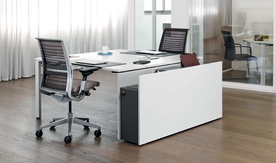 FrameFour comes in desk and bench configurations, with either a supporting storage leg or a four-leg frame.