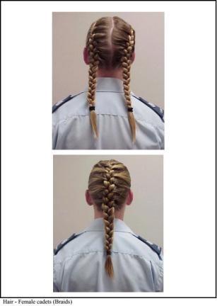 Multiple braids extending below the lower edge of the collar are to be gathered in a bun.