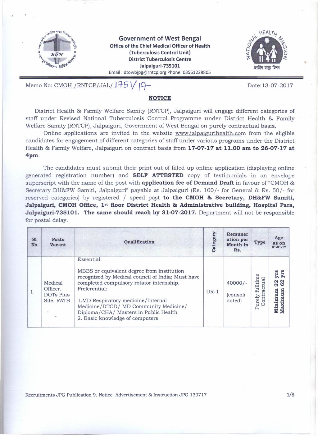 L Memo No: CMOH IRNTCP/JALI Government of West Bengal Office of the Chief Medical Officer of Health (Tuberculosis Control Unit) District Tuberculosis Centre Jalpaiguri-735101 Email: dtowbjpg@rntcp.