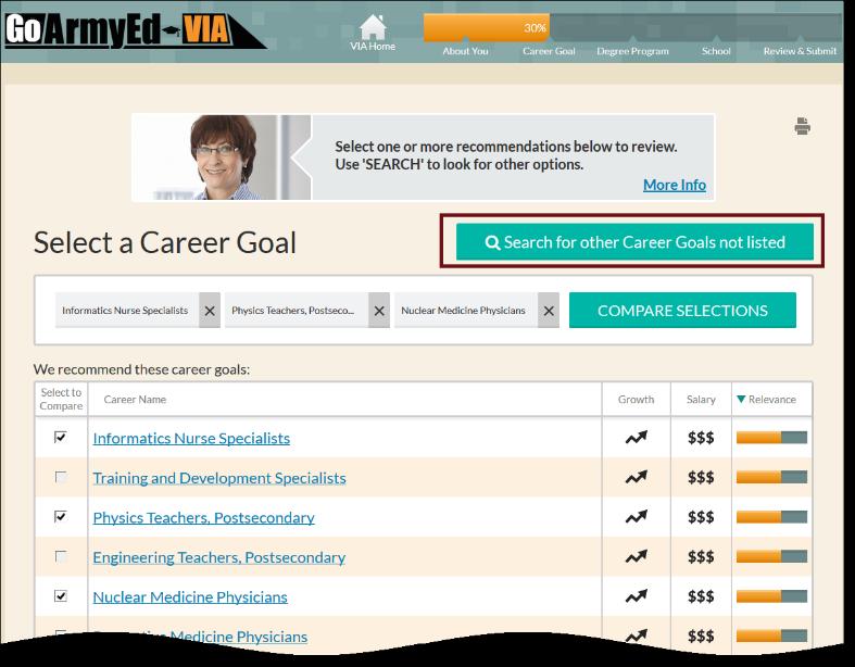 After finding a career goal that fits you, select the Make My Selection button.
