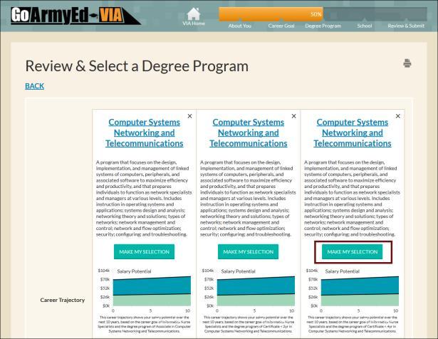 c) If you find a degree compatible with your career goal and preferences, select the recommendation and continue to the next step.