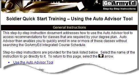Topic 4: Register for a Class Directly in GoArmyEd Auto Advisor View instructions for using Auto Advisor, a streamlined process for enrolling in classes aligned with your approved degree plan.