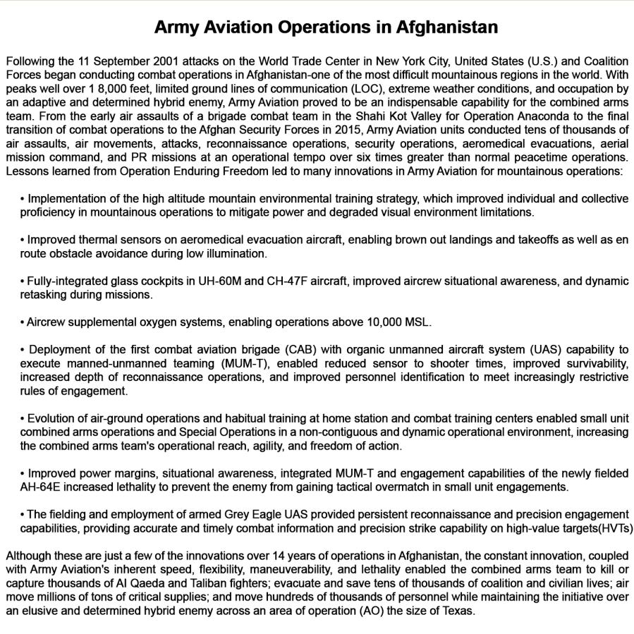 Chapter 1 DESERT OPERATIONS Capabilities 1-60. Army Aviation provides the combined arms team with enhanced capabilities to operate in desert environments.