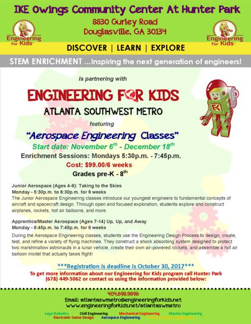 Engineering for kids program Monday, November 6 - Monday, December 18: Junior Aerospace Engineering classes being introduced to young potential engineers to fundamental concepts of aircraft and