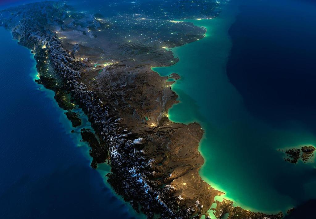 Satellite picture taken looking north over Argentina and Chile from Punta Arenas and