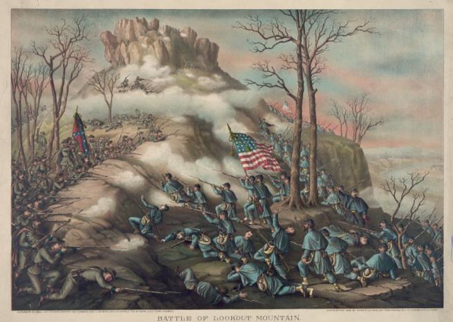 dashing charge on the Confederate fortifications in the valley, and the Union line was advanced about a mile. Battle of Lookout Mountain, 1889 lithograph by Kurz and Allison.