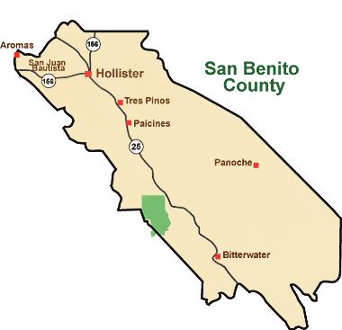 San Benito County San Benito County is located in the Coast Range Mountains of California. As of 2013 the population was 56,884.