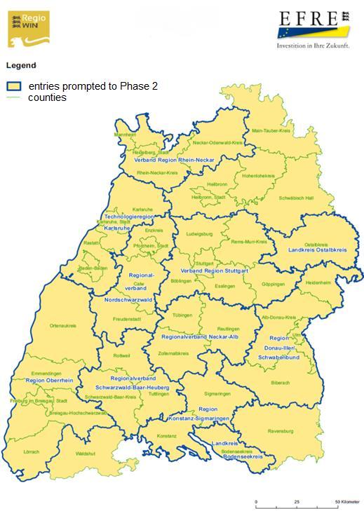Outcome of RegioWIN (1) Phase 1 Full coverage of BW with sub-regional strategy development more than 1500 stakeholders involved freedom of territorial choice leads to new alliances Entries in Phase 1